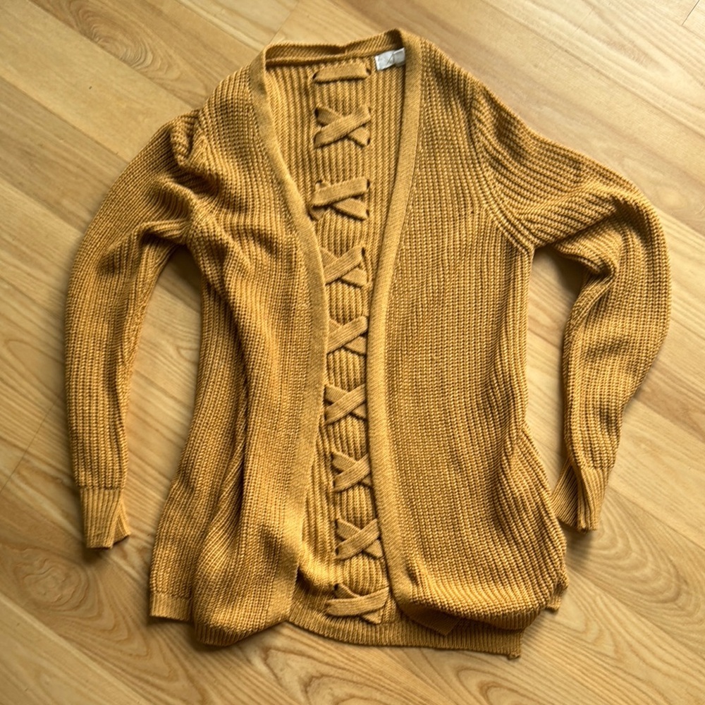 Pinque Open Front Cardigan S Brown Knit Lace Up Back Cozy Fall